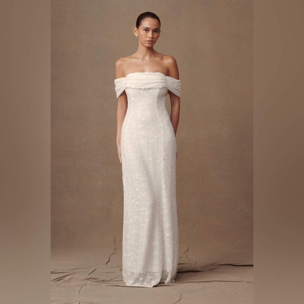 Meshki White Strapless Beaded Column Gown